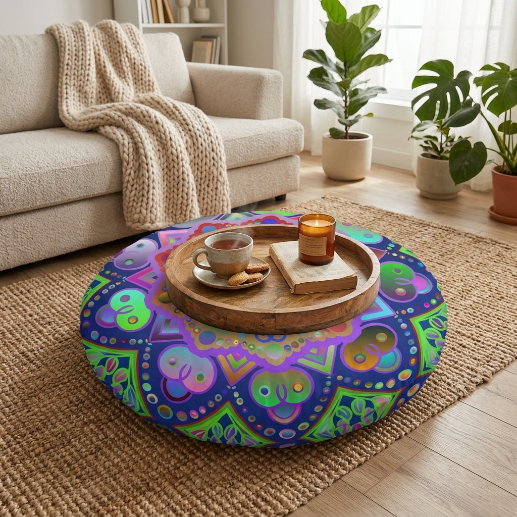 A round floor cushion with a colorful psychedelic mandala pattern sits on a woven jute rug in a bright living room. A wooden tray on top holds a cup of tea, cookies, and a candle.