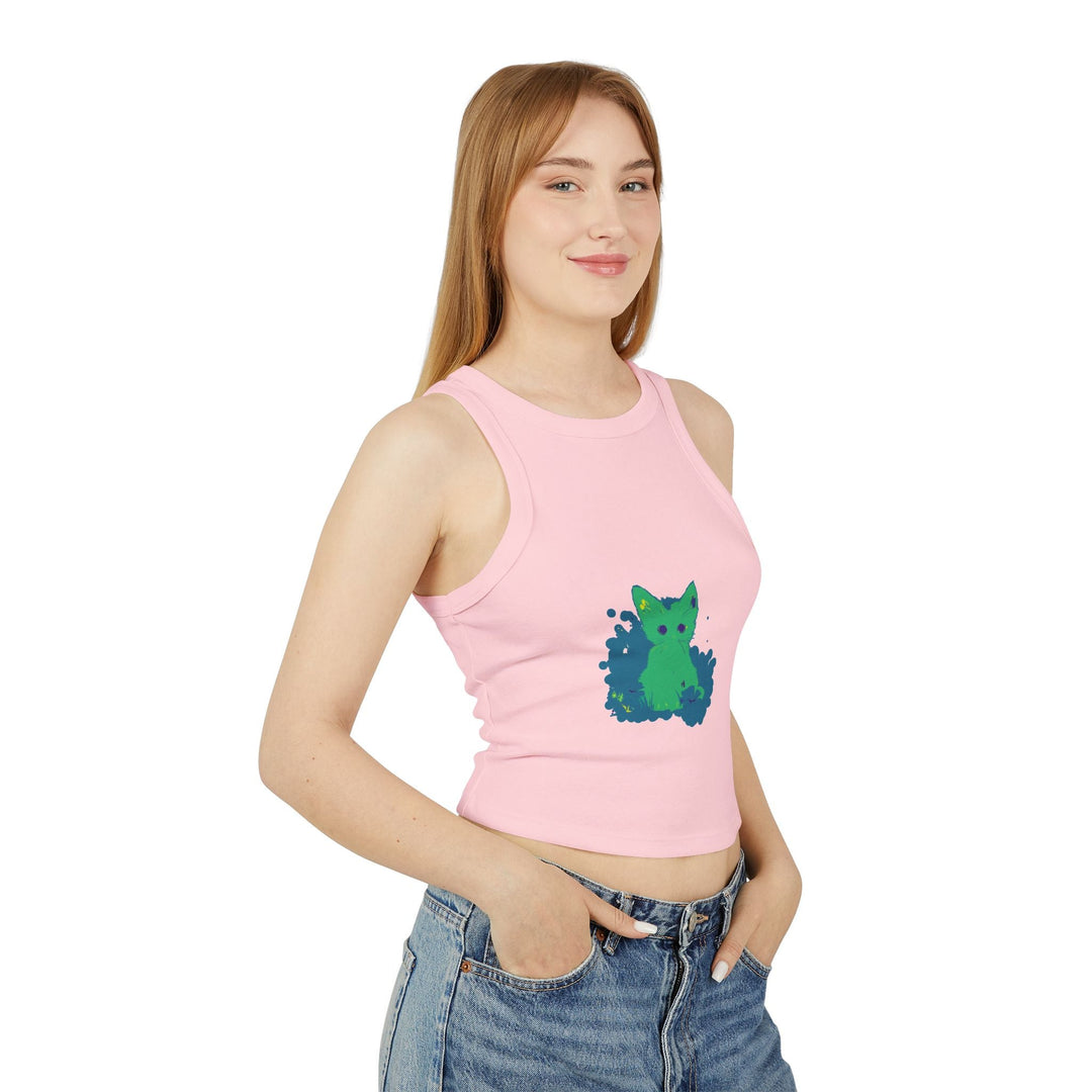 Green Cat & Flowers Watercolor Racerback Tank Top Tank Top - Blululi