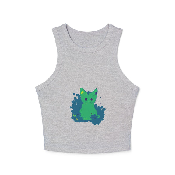 Green Cat & Flowers Watercolor Racerback Tank Top Tank Top - Blululi