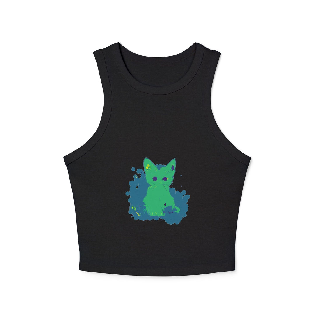 Green Cat & Flowers Watercolor Racerback Tank Top Tank Top - Blululi