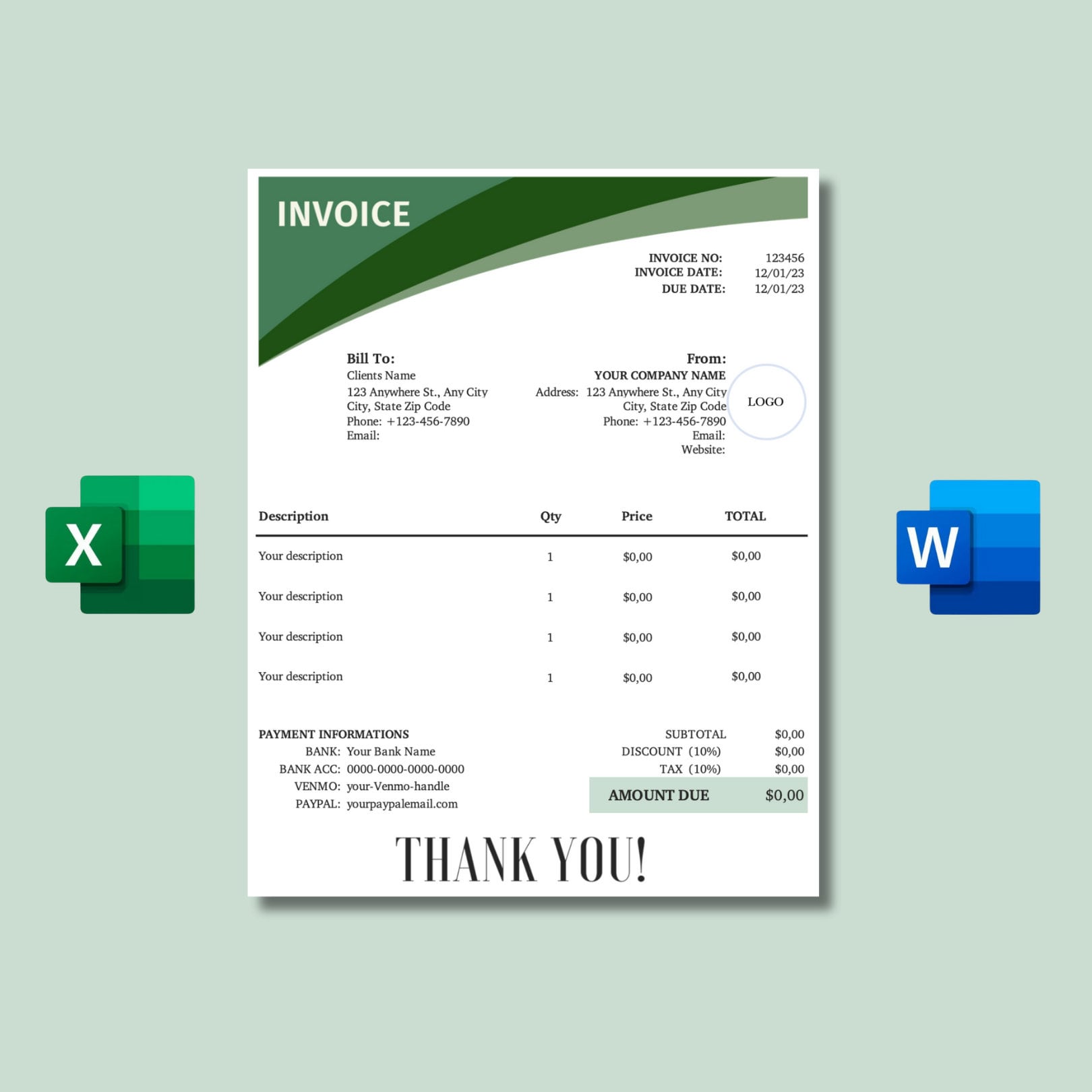 Green Invoice Template: suitable for Small Business, Professional Invoice, Invoice Template Download, Small Business Solution, Green Invoice digital download - Blululi