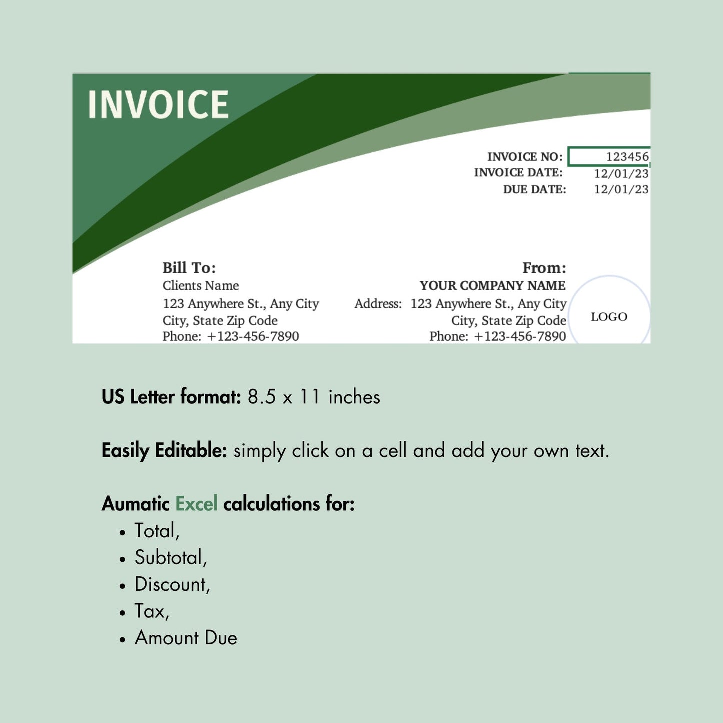 Green Invoice Template - US Letter Size digital download - Blululi