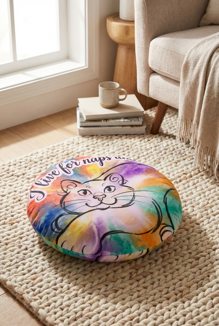 Winter cozy round floor pillow featuring a bright cat line-art design in blue (#0B5FFF) and warm accents; lifestyle shot showing the pillow in a cozy living room setting, with a playful, cuddly cat-inspired vibe.