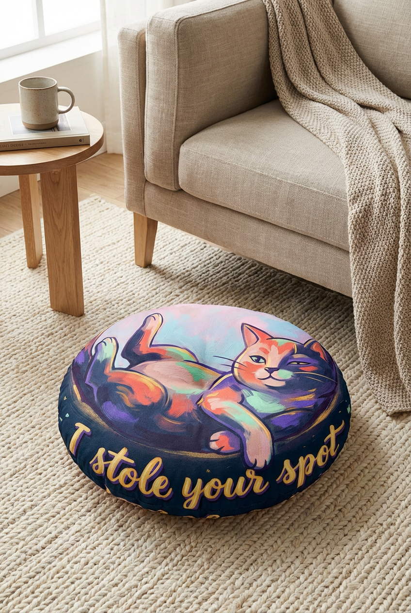 Round floor pillow with a winter cozy cat design in oil-paint style, navy background with mint and coral fur accents, lifestyle indoor setting shown.
