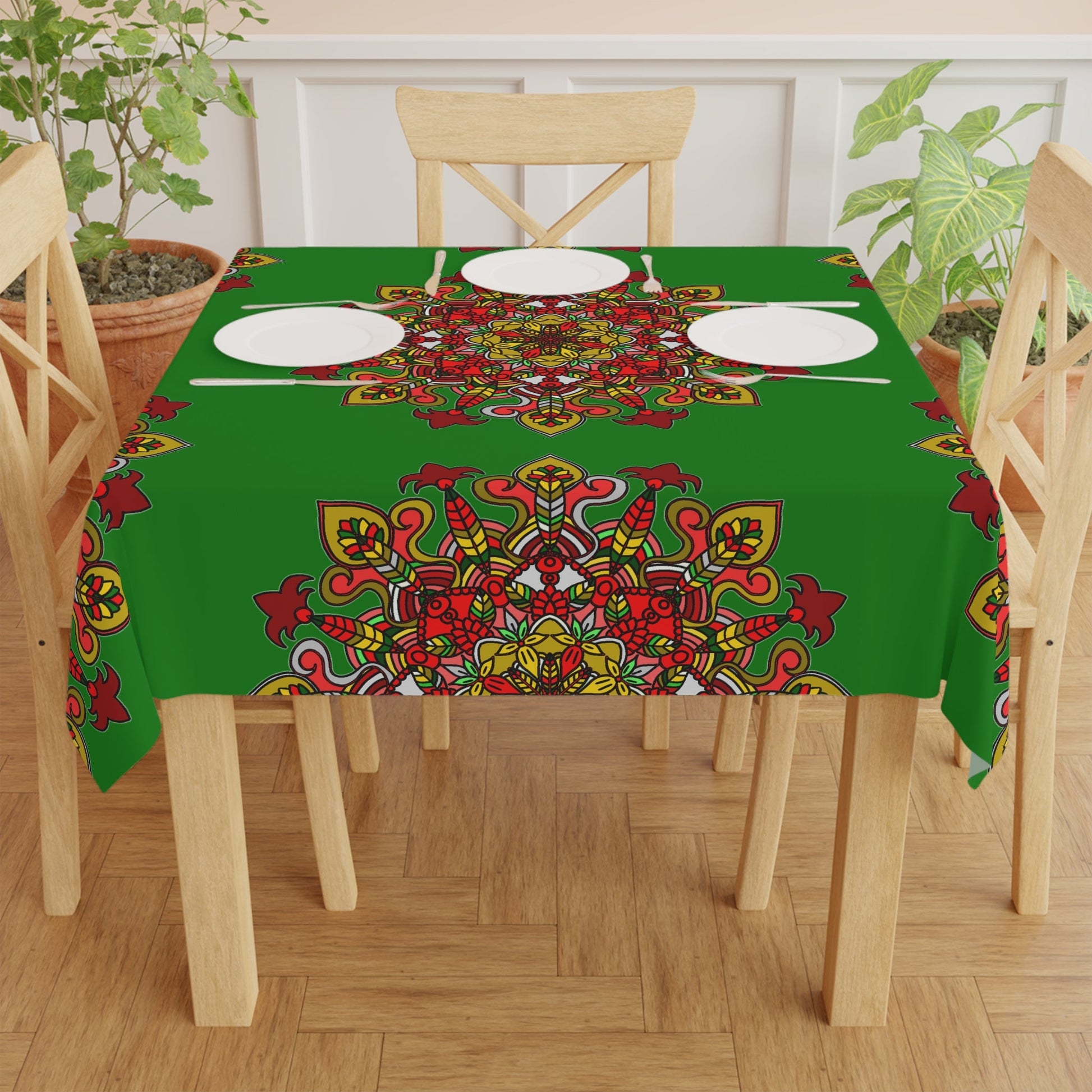 Hand - Drawn Christmas Mandala Art Tablecloth - Green, Square - Blululi