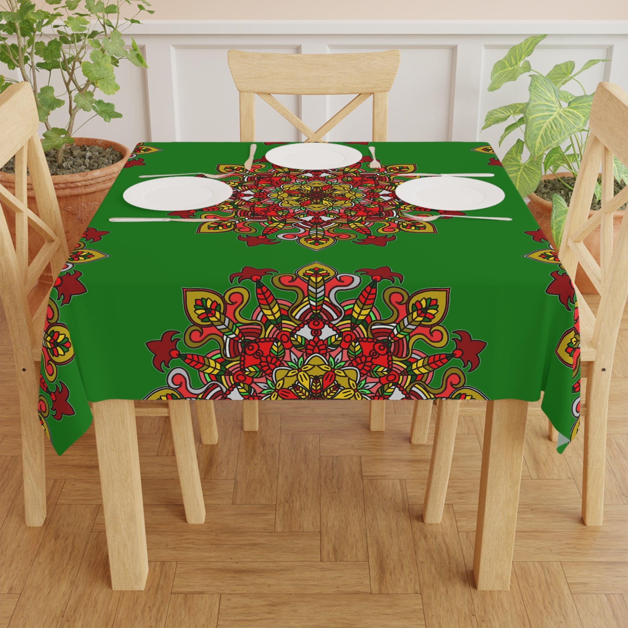 Hand - Drawn Christmas Mandala Art Tablecloth - Green, Square - Blululi