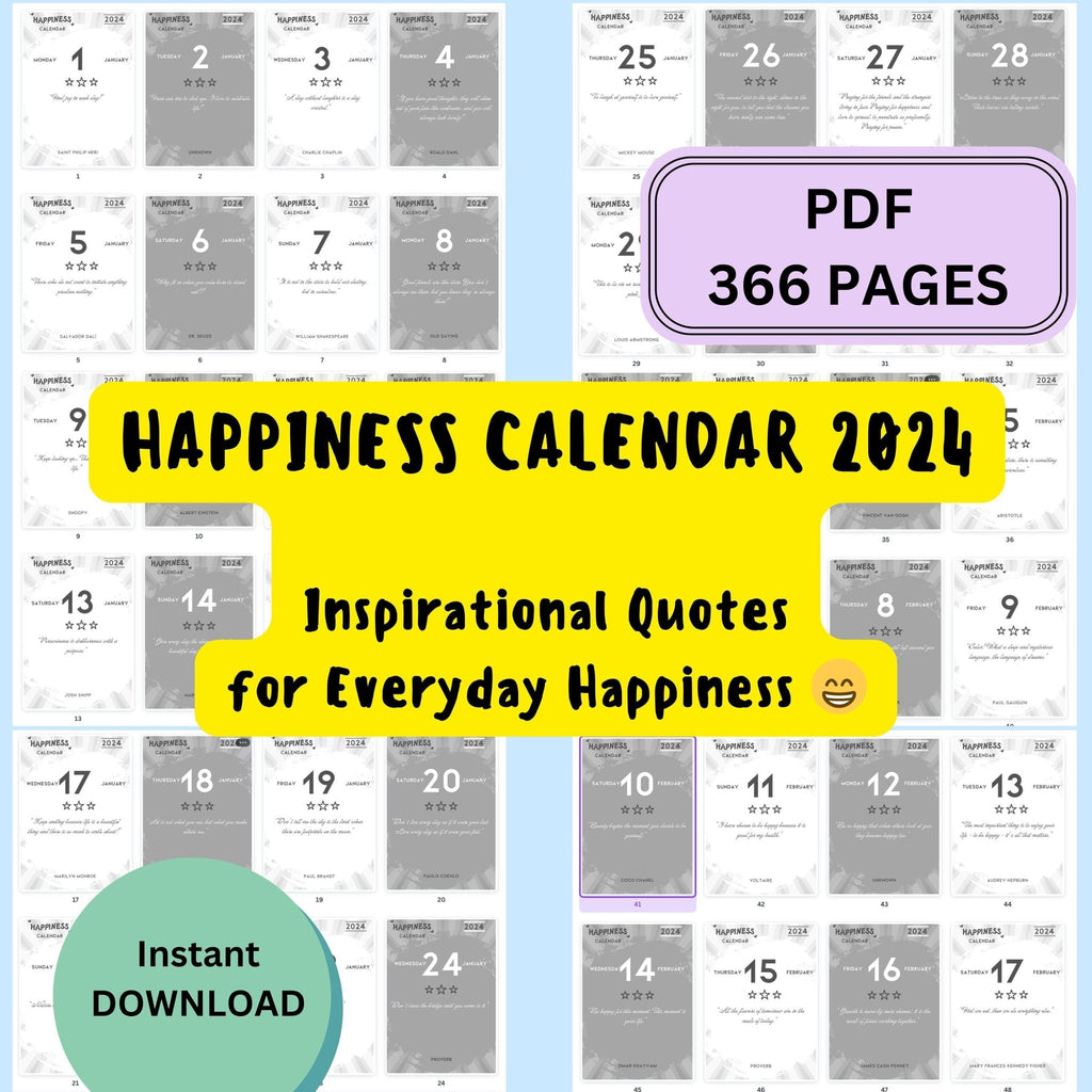 Happiness Calendar 2024 : enjoy an entire Year of Daily Inspiration! Inspirational Quotes, Printable PDF, Digital Supply, Stationery Stores digital download - Blululi