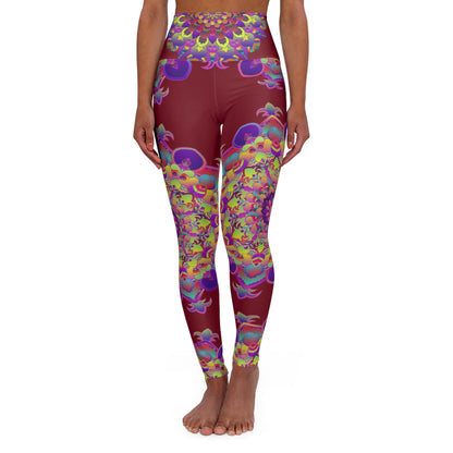 High Waisted Mandala Art Yoga Leggings - Rich Burgundi All Over Prints - Blululi