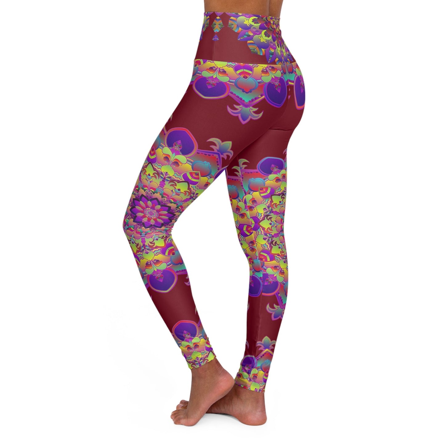 High Waisted Mandala Art Yoga Leggings - Rich Burgundi All Over Prints - Blululi