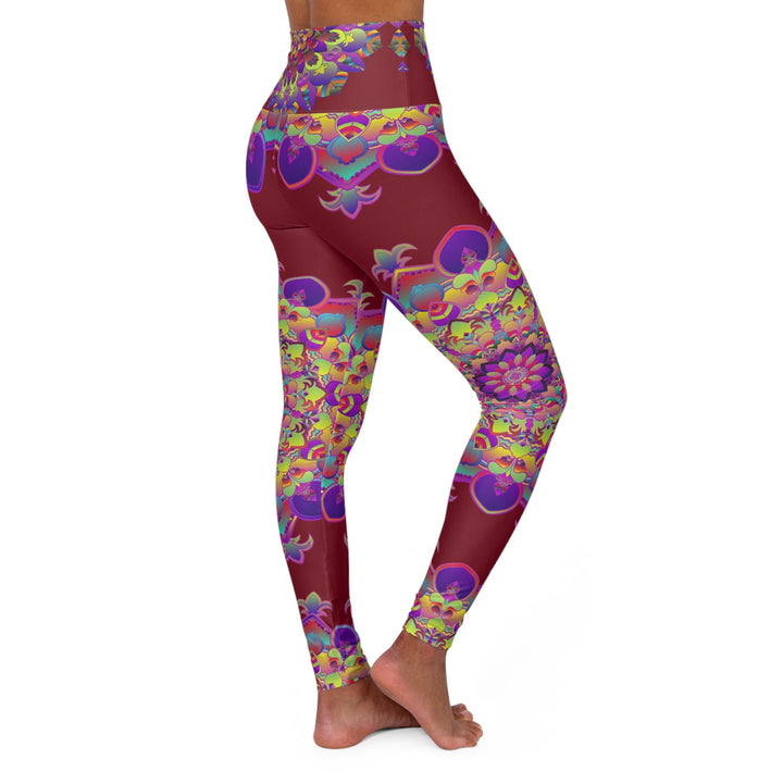 High Waisted Mandala Art Yoga Leggings - Rich Burgundi All Over Prints - Blululi