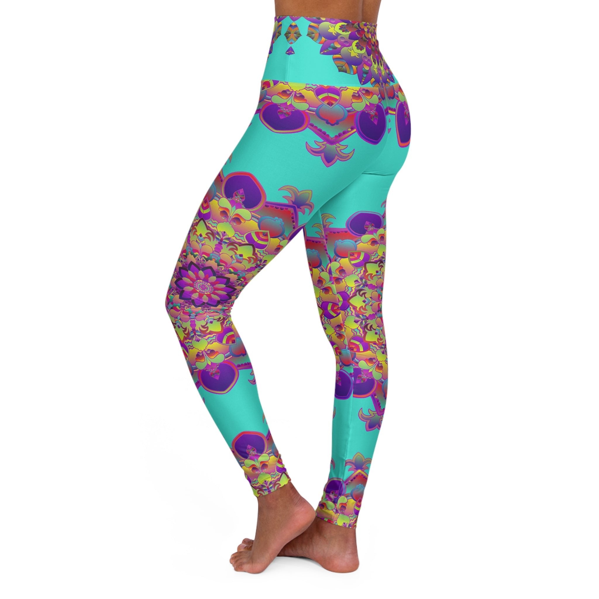 High Waisted Mandala Art Yoga Leggings - Turquoise All Over Prints - Blululi