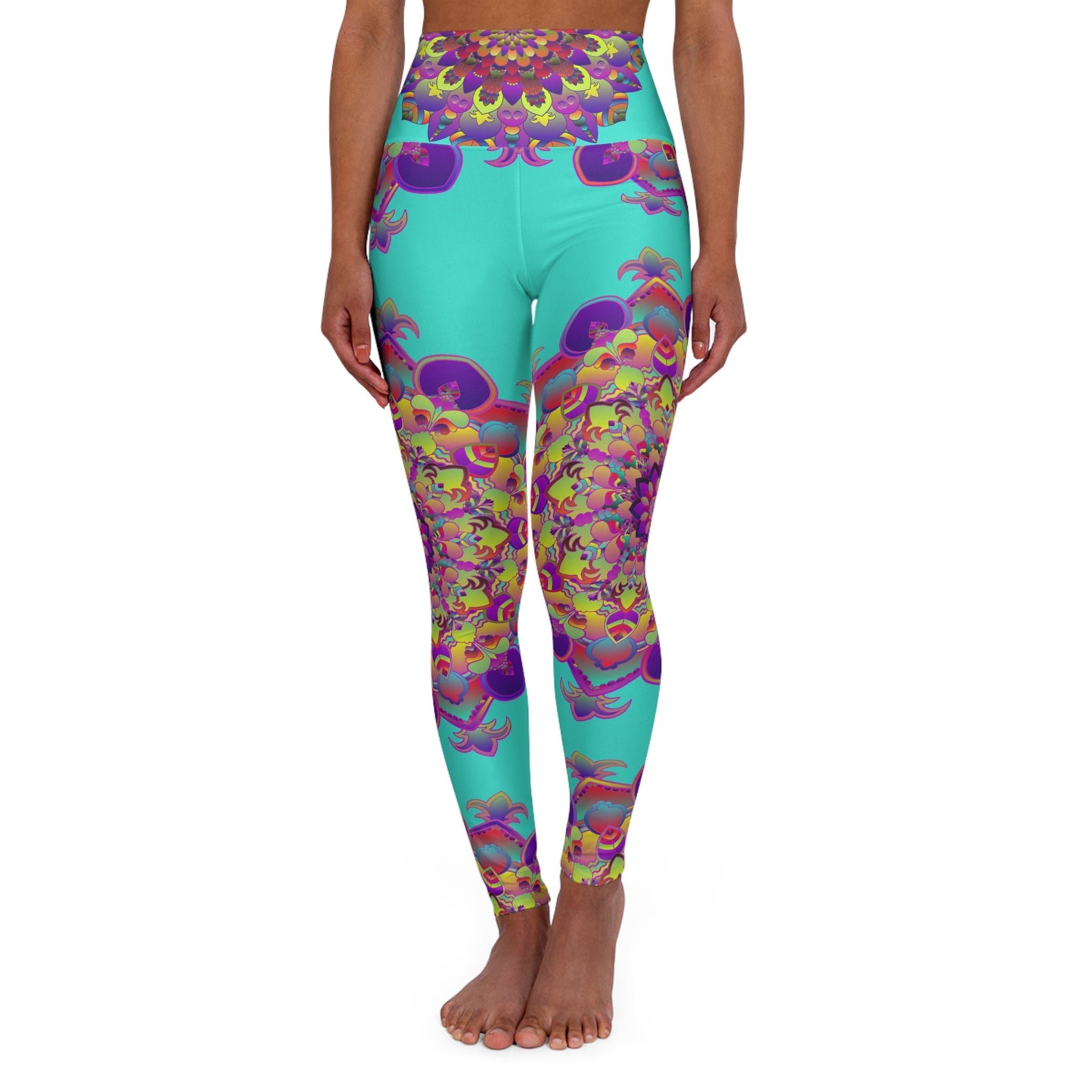 High Waisted Mandala Art Yoga Leggings - Turquoise All Over Prints - Blululi