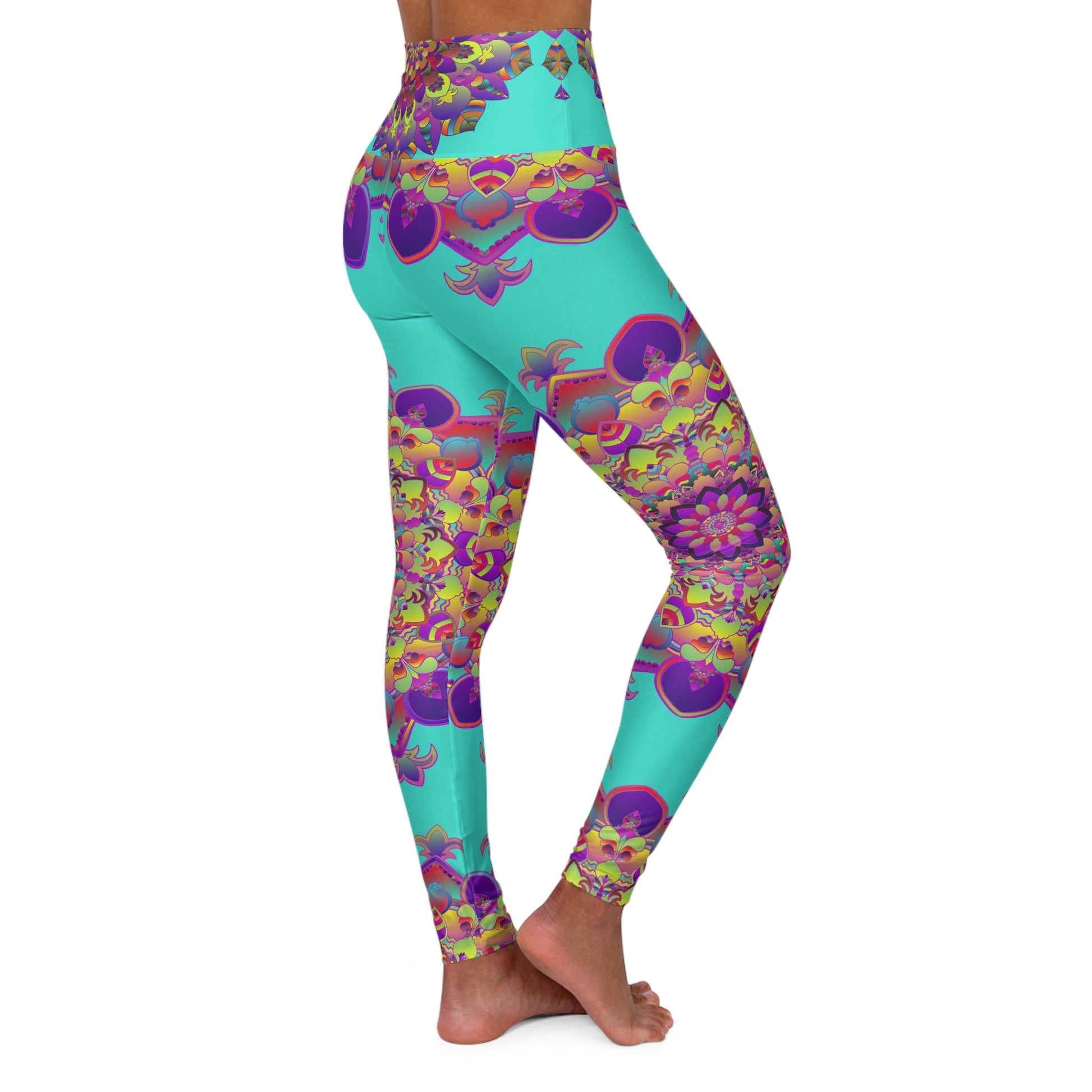 High Waisted Mandala Art Yoga Leggings - Turquoise All Over Prints - Blululi