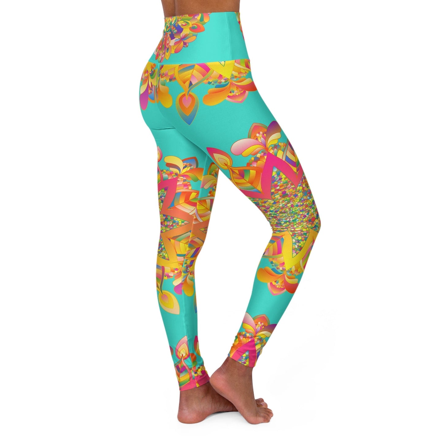 High Waisted Mandala Art Yoga Leggings - Turquoise/Gold All Over Prints - Blululi