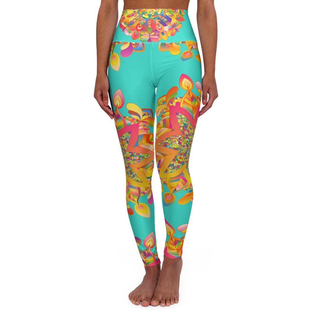 High Waisted Mandala Art Yoga Leggings - Turquoise/Gold All Over Prints - Blululi