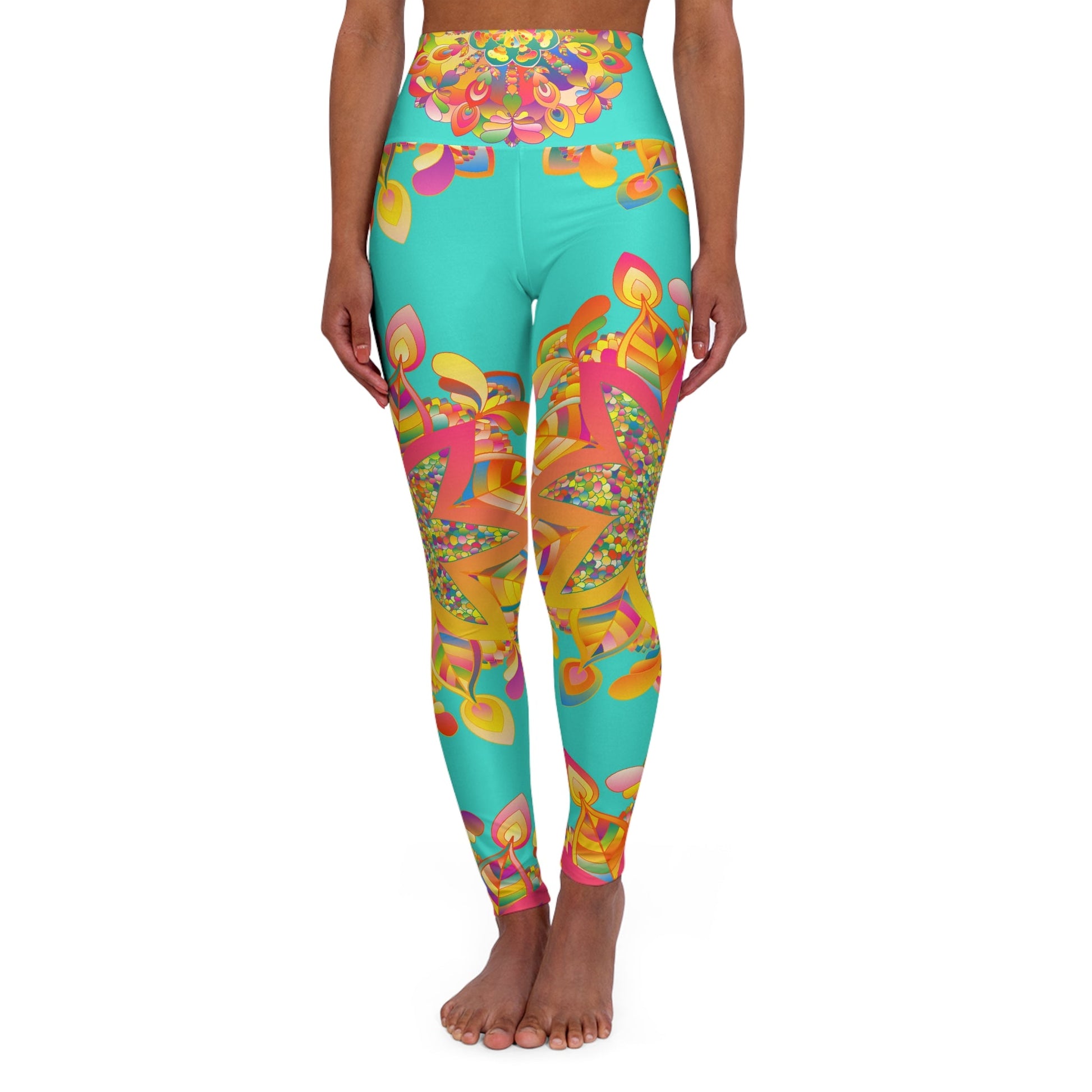 High Waisted Mandala Art Yoga Leggings - Turquoise/Gold All Over Prints - Blululi