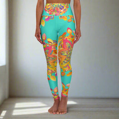 High Waisted Mandala Art Yoga Leggings - Turquoise/Gold All Over Prints - Blululi