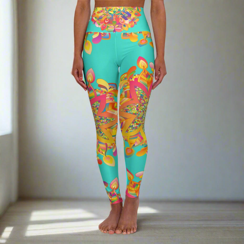 High Waisted Mandala Art Yoga Leggings - Turquoise/Gold All Over Prints - Blululi