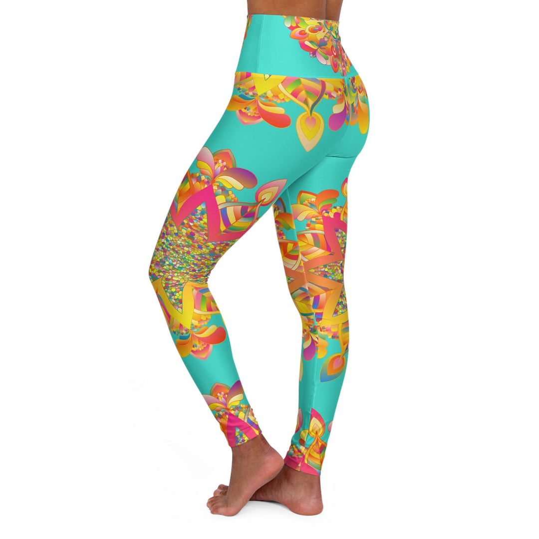 High Waisted Mandala Art Yoga Leggings - Turquoise/Gold All Over Prints - Blululi