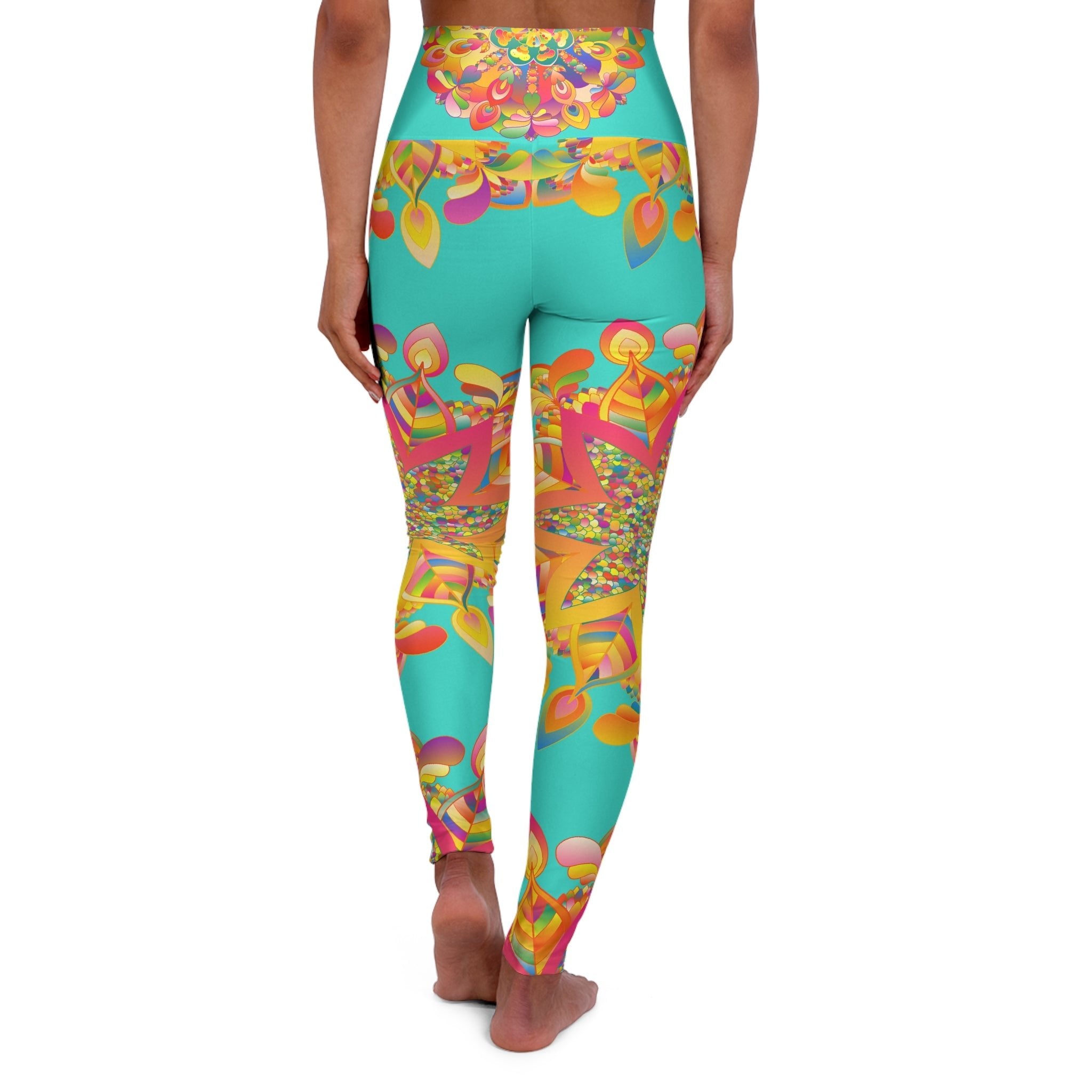 High Waisted Mandala Art Yoga Leggings - Turquoise/Gold All Over Prints - Blululi