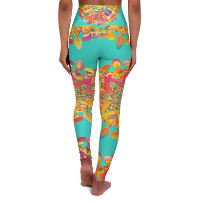 High Waisted Mandala Art Yoga Leggings - Turquoise/Gold All Over Prints - Blululi