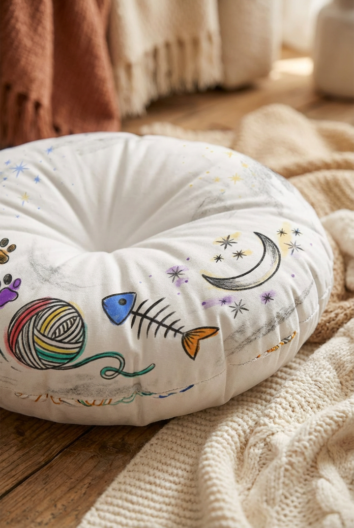 Close-up lifestyle shot of a round tufted floor pillow with bright blue and warm colors, featuring a cute cropped cat line-art in a winter cozy vibe, ideal for a cozy living space. The setting emphasizes comfort and everyday use.