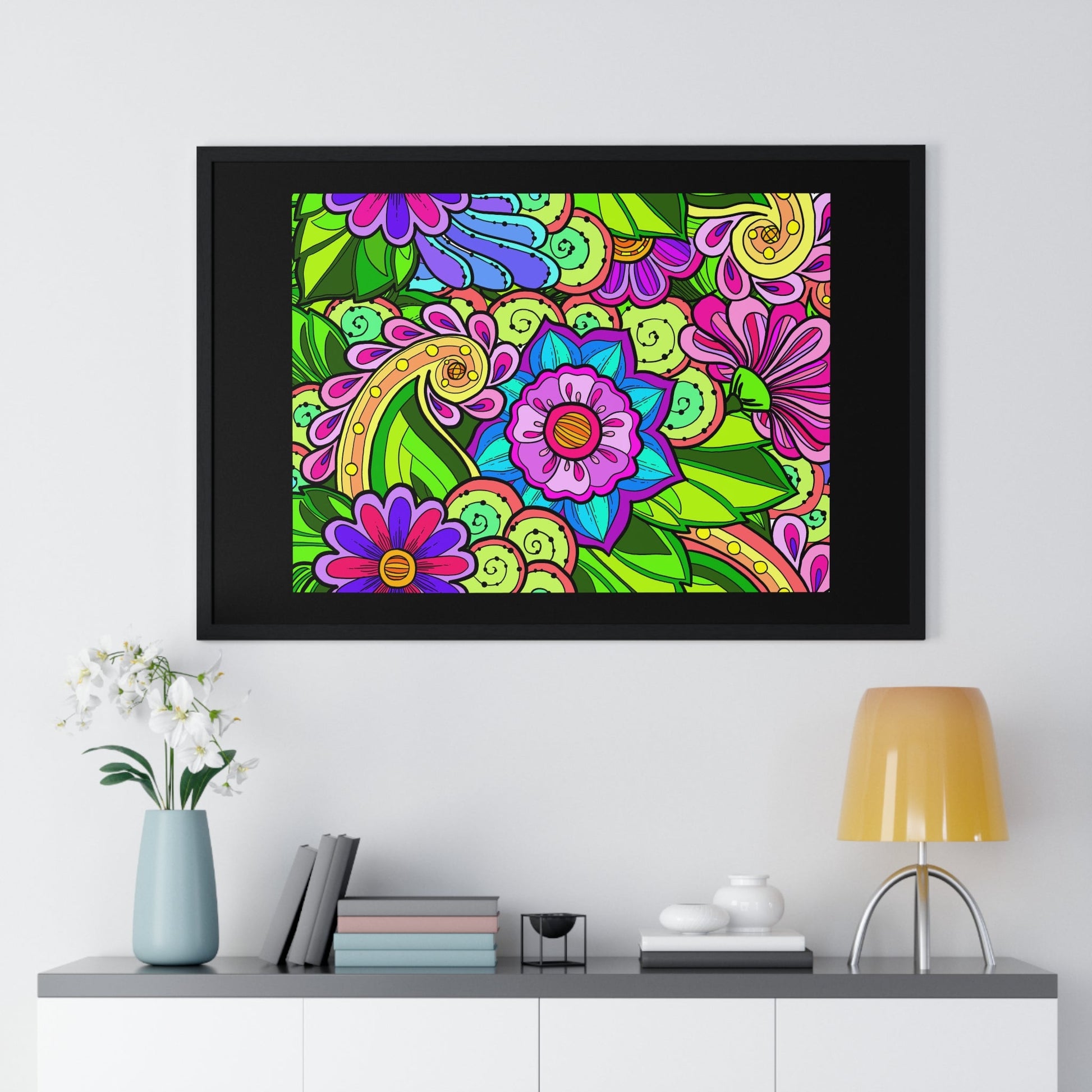 Horizontal Framed Poster - Flower Doodle 36"x24" - Blululi