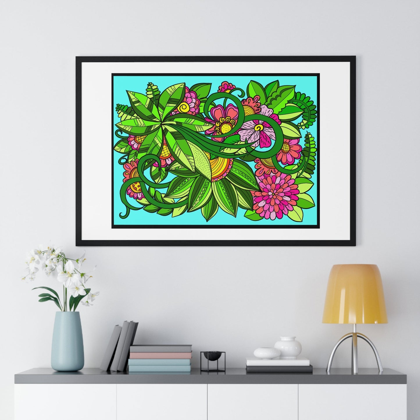 Horizontal Framed Poster - Flower Doodle 36"x24" - Blululi