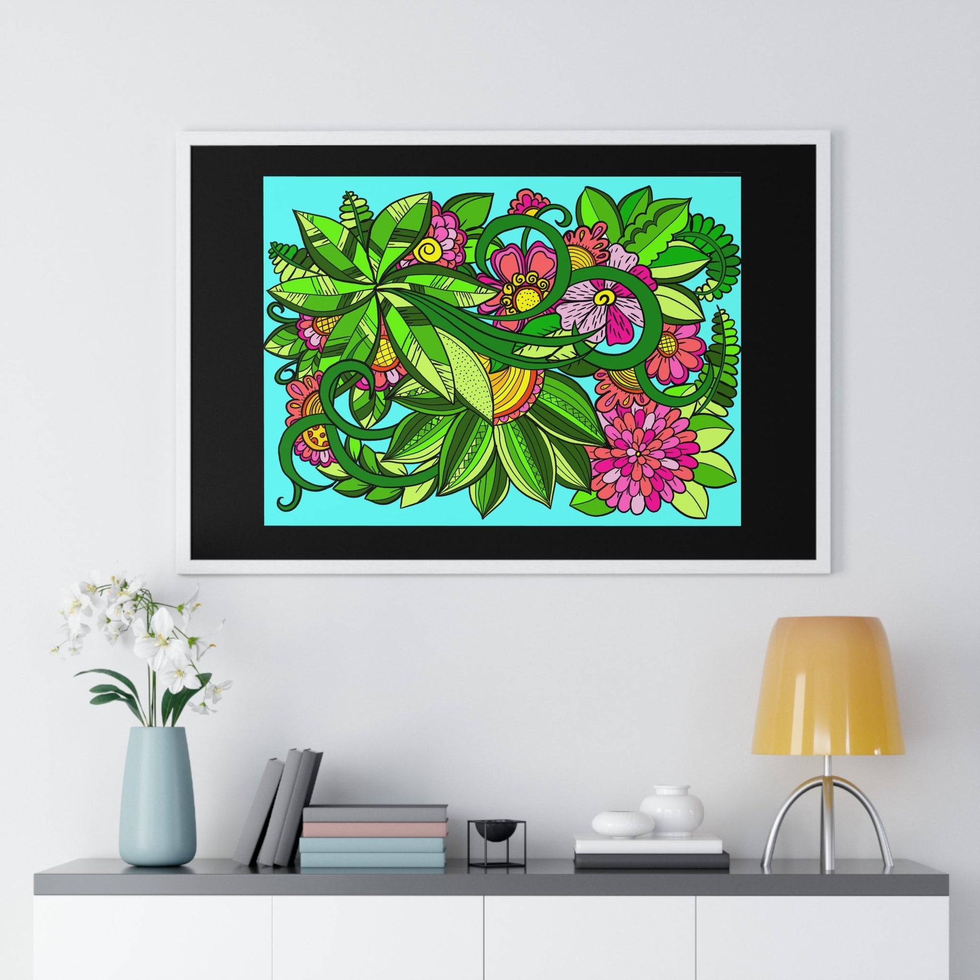 Horizontal Framed Poster - Flower Doodle 36"x24" - Blululi