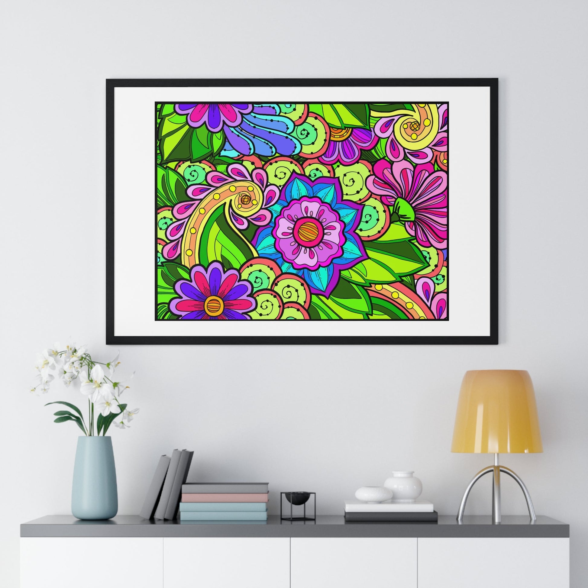 Horizontal Framed Poster - Flower Doodle 36"x24" - Blululi