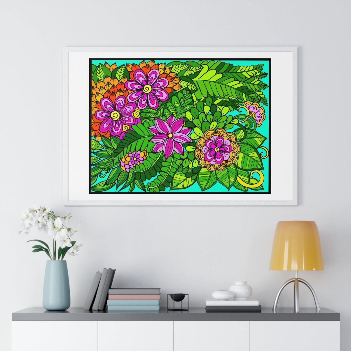 Horizontal Framed Poster - Flower Doodle 36"x24" - Blululi