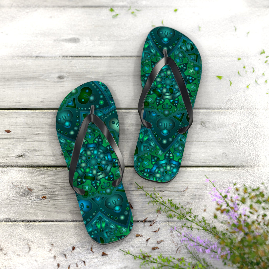 Hypnotic Blue & Green Mandala Flip Flops Shoes - Blululi