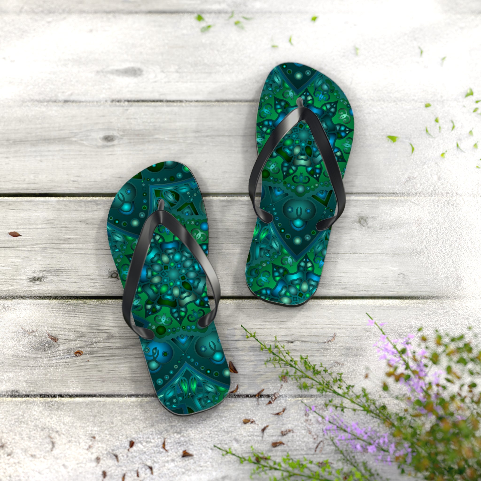 Hypnotic Blue & Green Mandala Flip Flops Shoes - Blululi