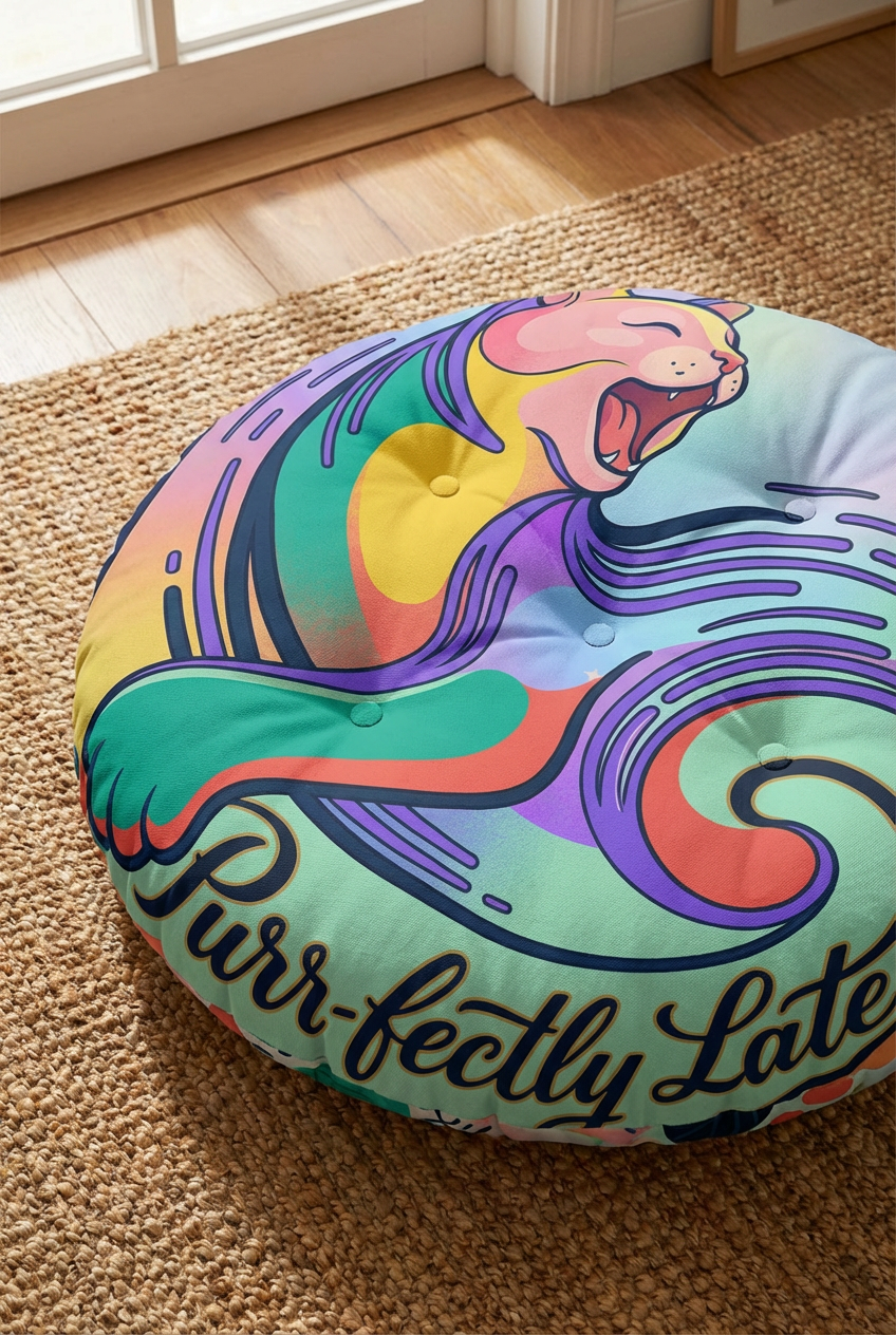 Close-up of a vibrant teal cat-themed round floor pillow with tufted texture and surreal crescent-cat motif; winter/post-New-Year whimsy vibe in a cozy living room setting, lifestyle shot showing a plush, comfortable ambiance.