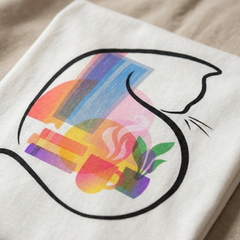 Cat-themed t-shirt in pink-beige tones featuring introvert cat double-exposure design. Shown in lifestyle studio with a calm, cozy vibe; focus on the soft knit texture, crescent cat silhouette, interior scene (rain at window, books, steaming cup), and a clean, minimalist presentation.