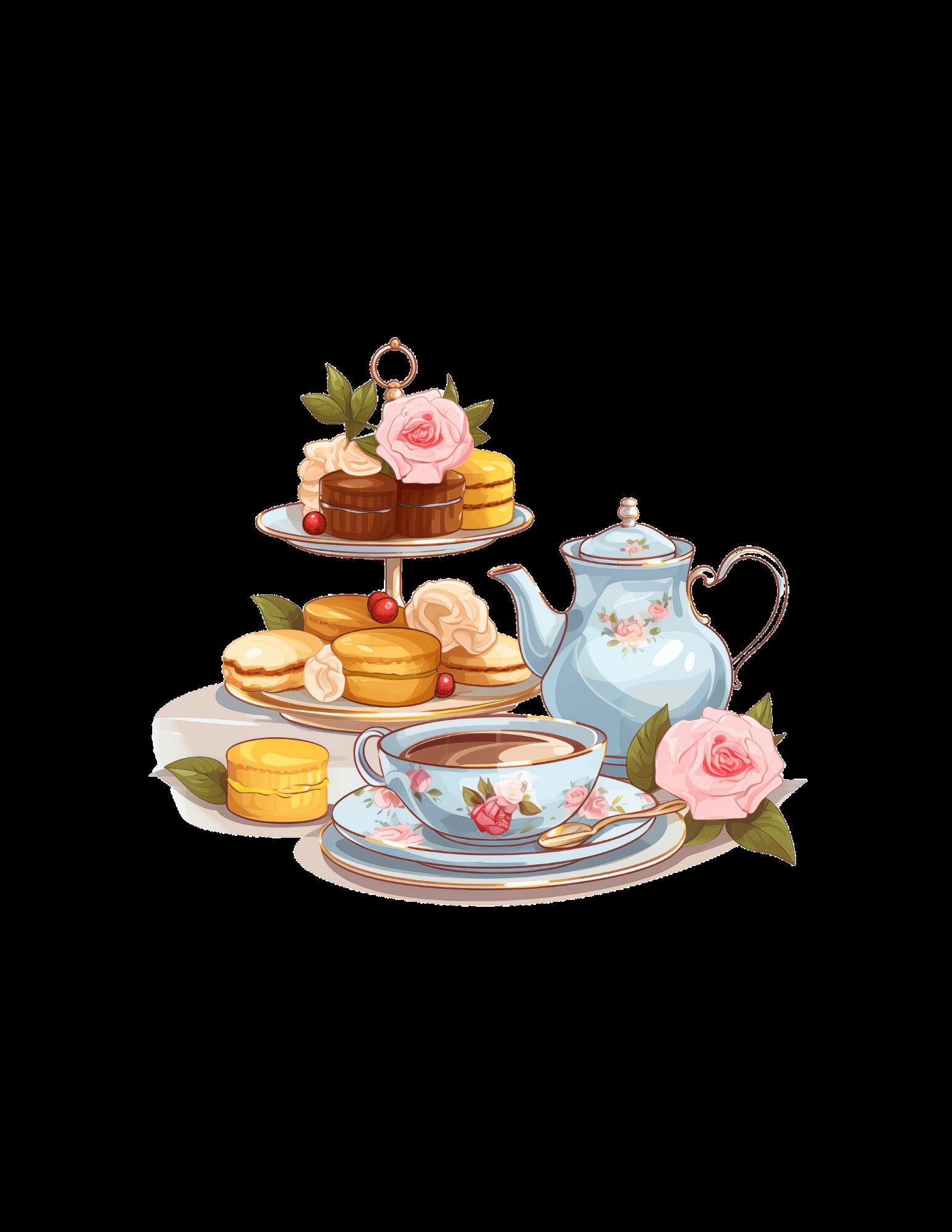 Tea Party ClipArt Bundle, Teeservice ClipArt, Teekannen, Blumendekor, Macaron ClipArt, Kuchenscheiben, süßer Cupcake-Ständer, Macaron-Turm