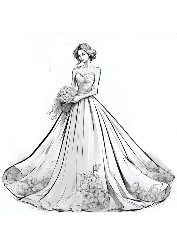 Illustration of a Modern Western Wedding Dress, a page from the World Fashion Dresses Coloring Book for Kids and Adults by Blululi