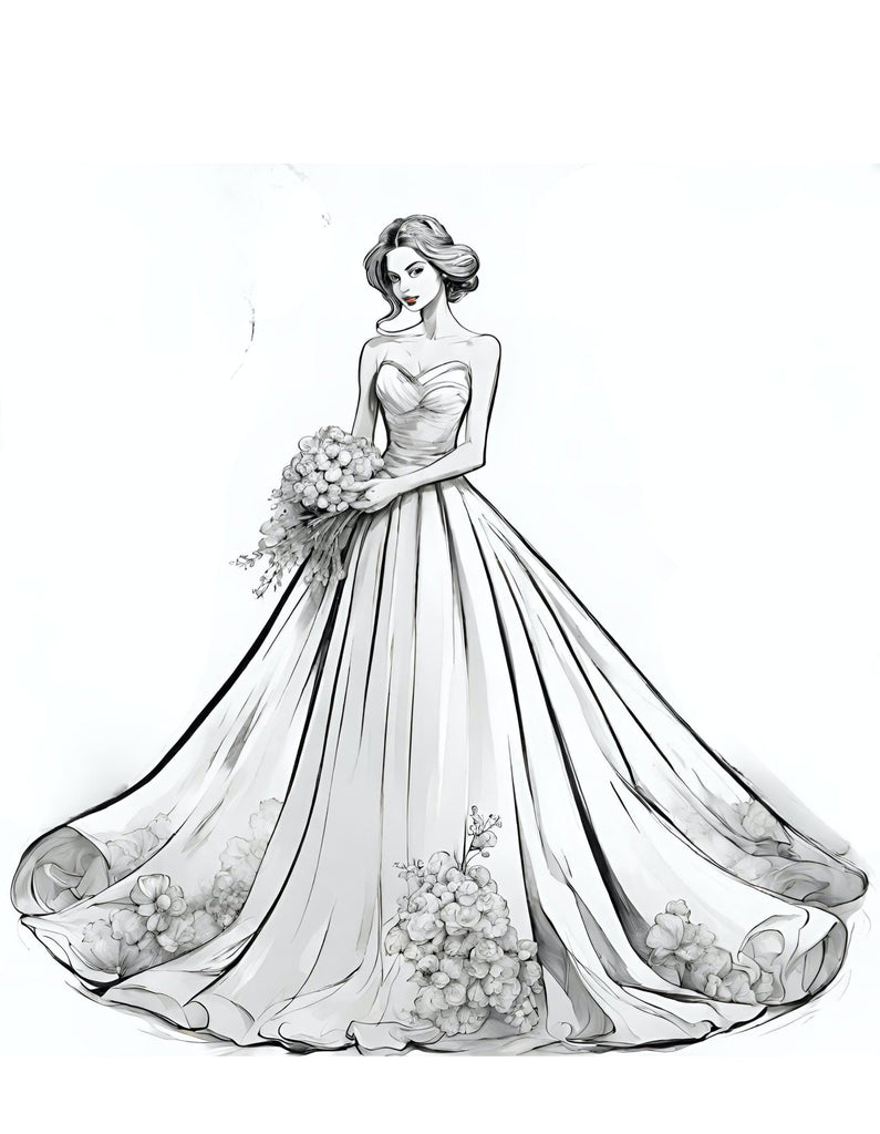 Illustration of a Modern Western Wedding Dress, a page from the World Fashion Dresses Coloring Book for Kids and Adults by Blululi