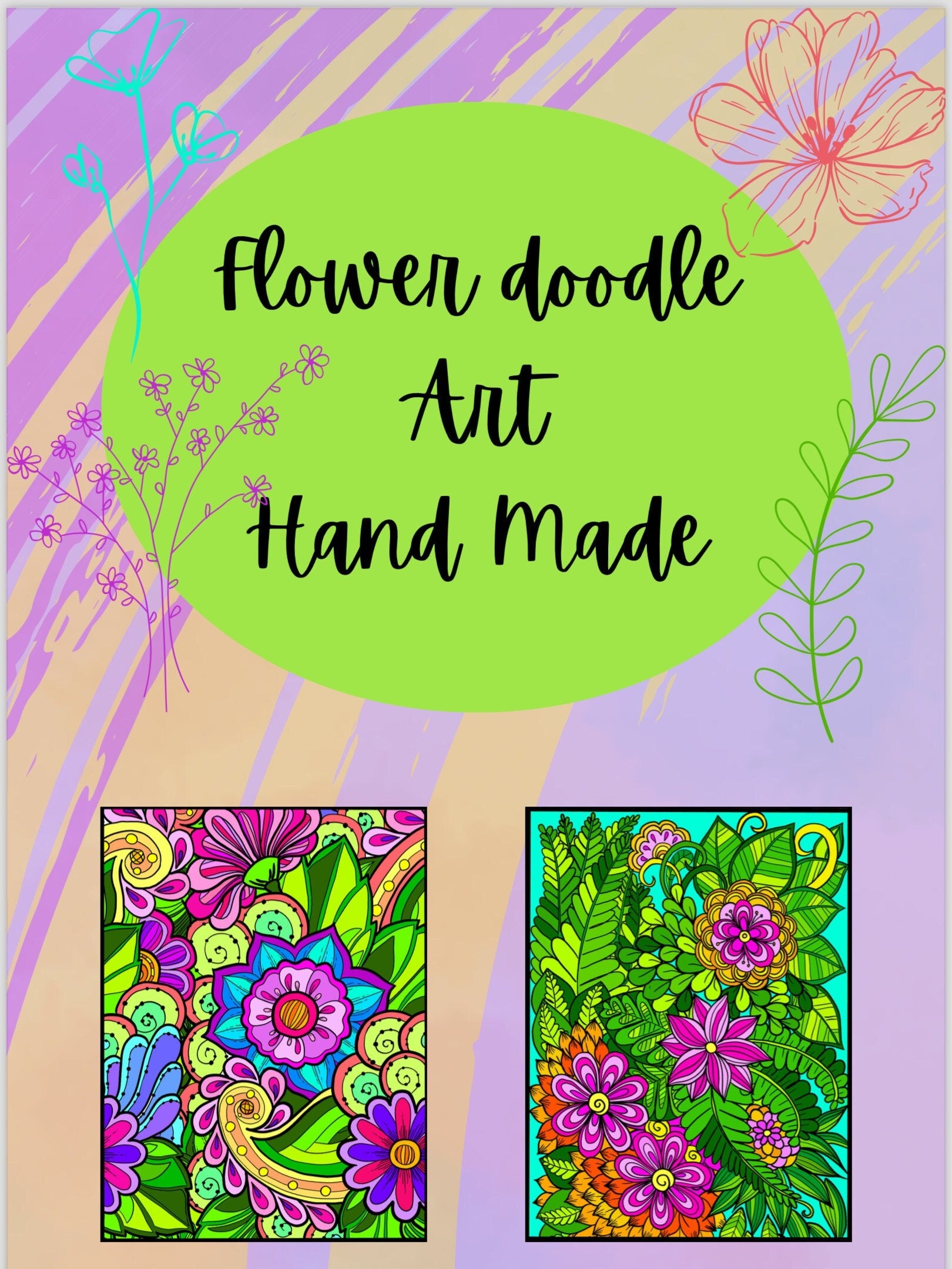 Blumen-Kritzelkunst – handgemachte Illustration, 2 einzigartige Designs, Schwarzweiß, farbig, Entspannung und achtsames Ausmalen | Frühling, Sommer – Größe A4