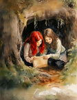 Kids storybook illustration of magical friends on an enchanted lake adventure