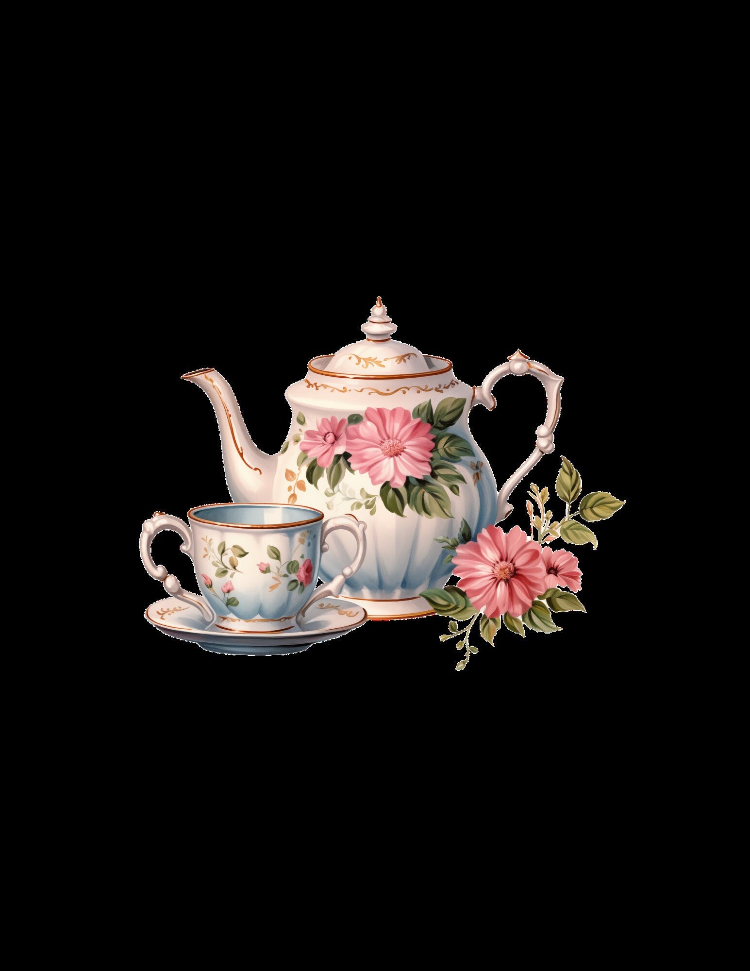 Tea Party ClipArt Bundle, Teeservice ClipArt, Teekannen, Blumendekor, Macaron ClipArt, Kuchenscheiben, süßer Cupcake-Ständer, Macaron-Turm