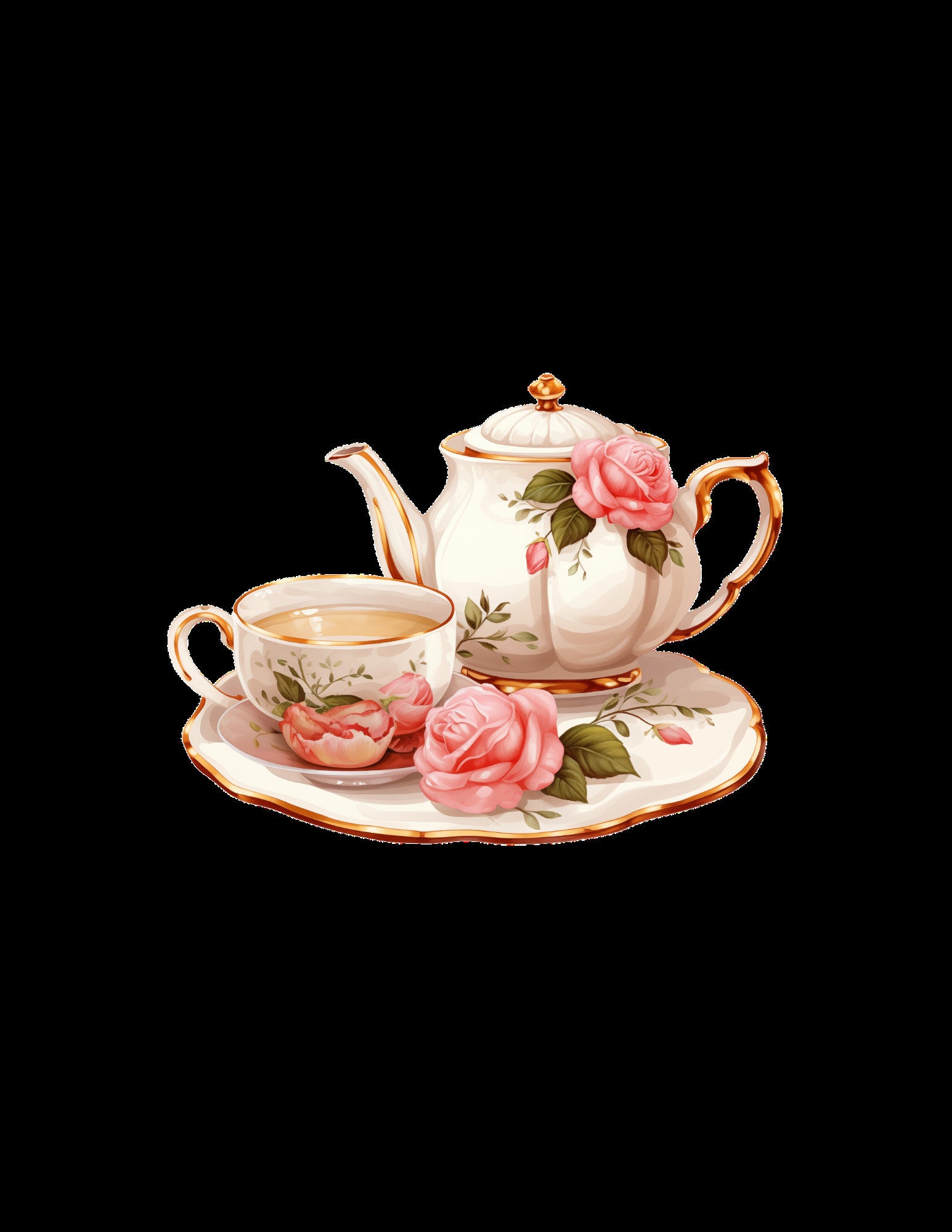Tea Party ClipArt Bundle, Teeservice ClipArt, Teekannen, Blumendekor, Macaron ClipArt, Kuchenscheiben, süßer Cupcake-Ständer, Macaron-Turm