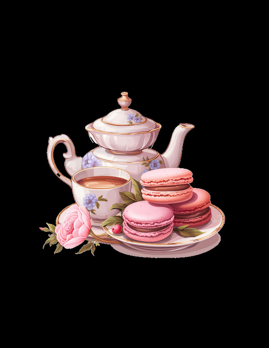 Tea Party ClipArt Bundle, Teeservice ClipArt, Teekannen, Blumendekor, Macaron ClipArt, Kuchenscheiben, süßer Cupcake-Ständer, Macaron-Turm