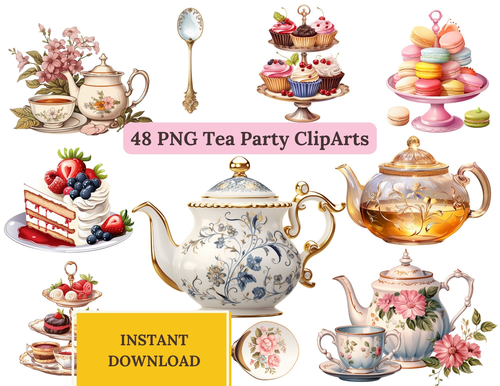 Tea Party ClipArt Bundle, Teeservice ClipArt, Teekannen, Blumendekor, Macaron ClipArt, Kuchenscheiben, süßer Cupcake-Ständer, Macaron-Turm