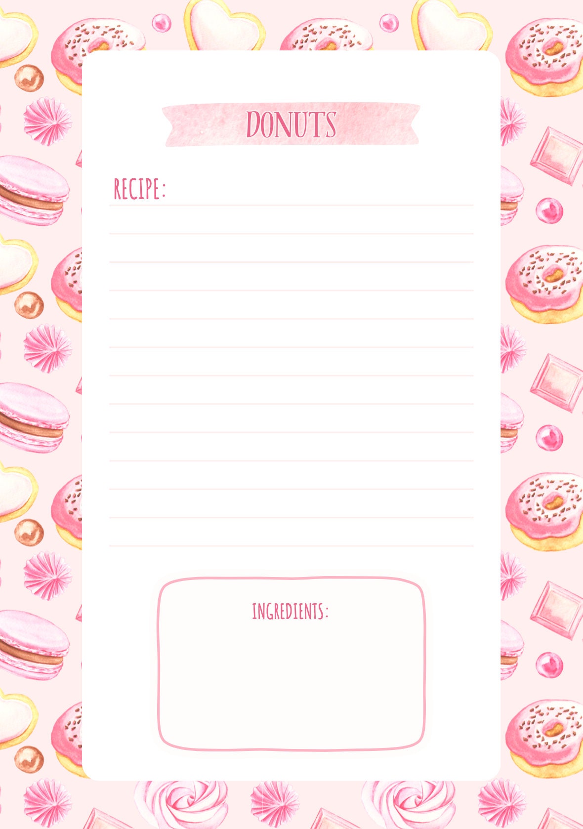 Vorlage für Dessertrezepte – die süße Welt internationaler Desserts, Canva-Vorlage mit Donuts, Tiramisù, Macarons und mehr!