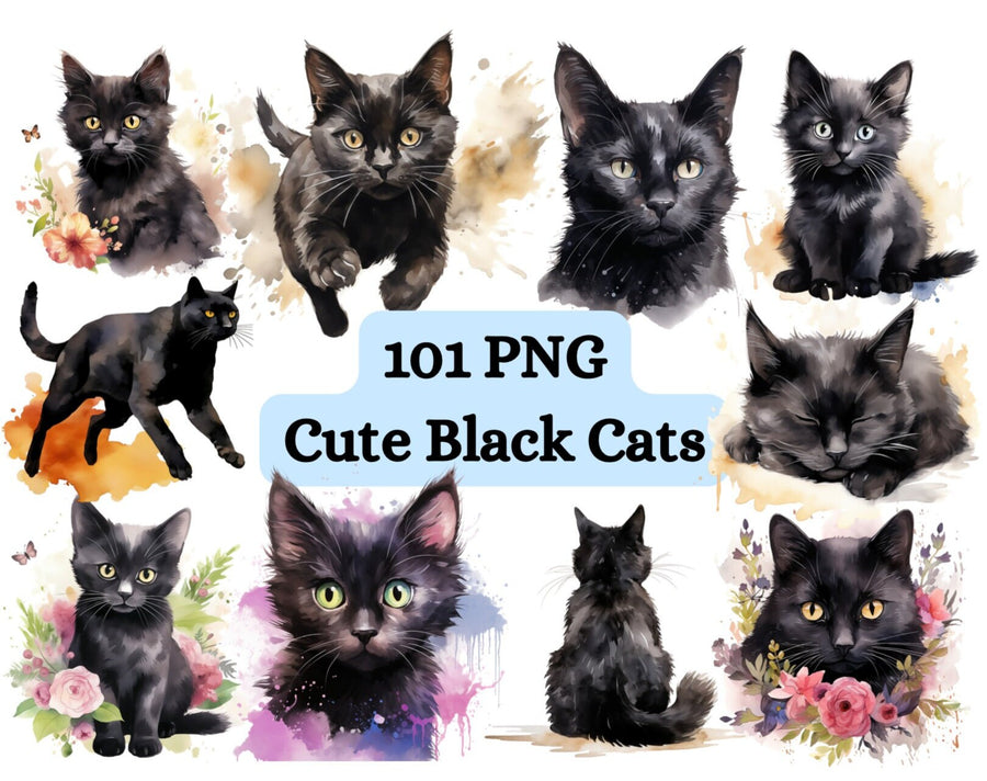 101 Aquarell-ClipArts mit schwarzen Katzen - Skurriles PNG-Paket mit Katzenmotiven