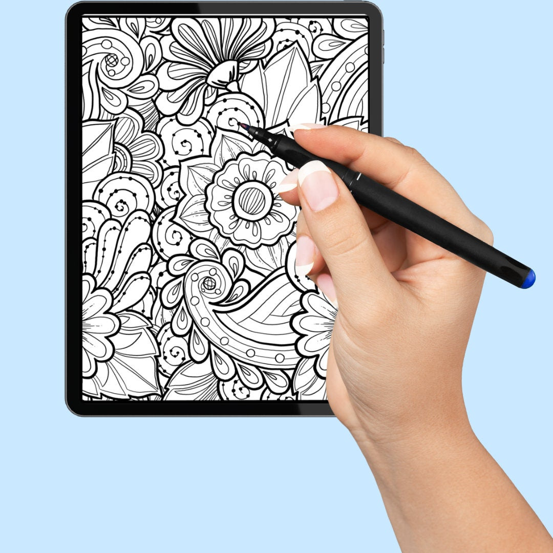Blumen-Kritzelkunst – handgemachte Illustration, 2 einzigartige Designs, Schwarzweiß, farbig, Entspannung und achtsames Ausmalen | Frühling, Sommer – Größe A4