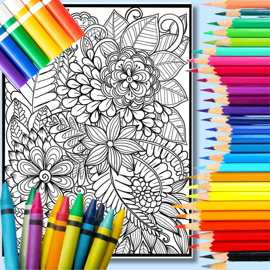 Blumen-Kritzelkunst – handgemachte Illustration, 2 einzigartige Designs, Schwarzweiß, farbig, Entspannung und achtsames Ausmalen | Frühling, Sommer – Größe A4