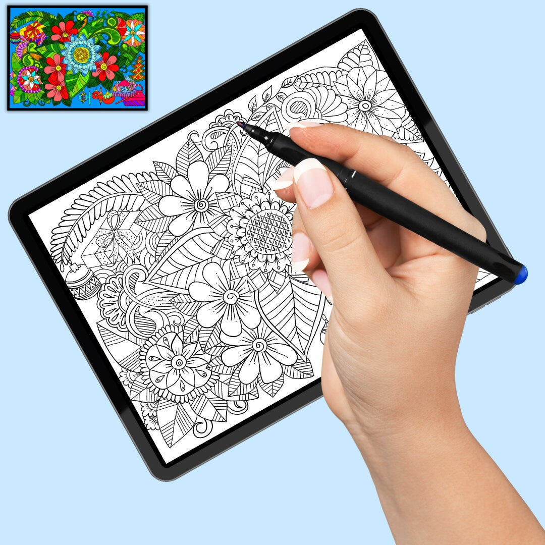 Blumen-Kritzelkunst – handgemachte Illustration, 2 einzigartige Designs, Schwarzweiß, farbig, entspannendes und achtsames Ausmalen | Frühling, Sommer – A4-Ausmalseiten