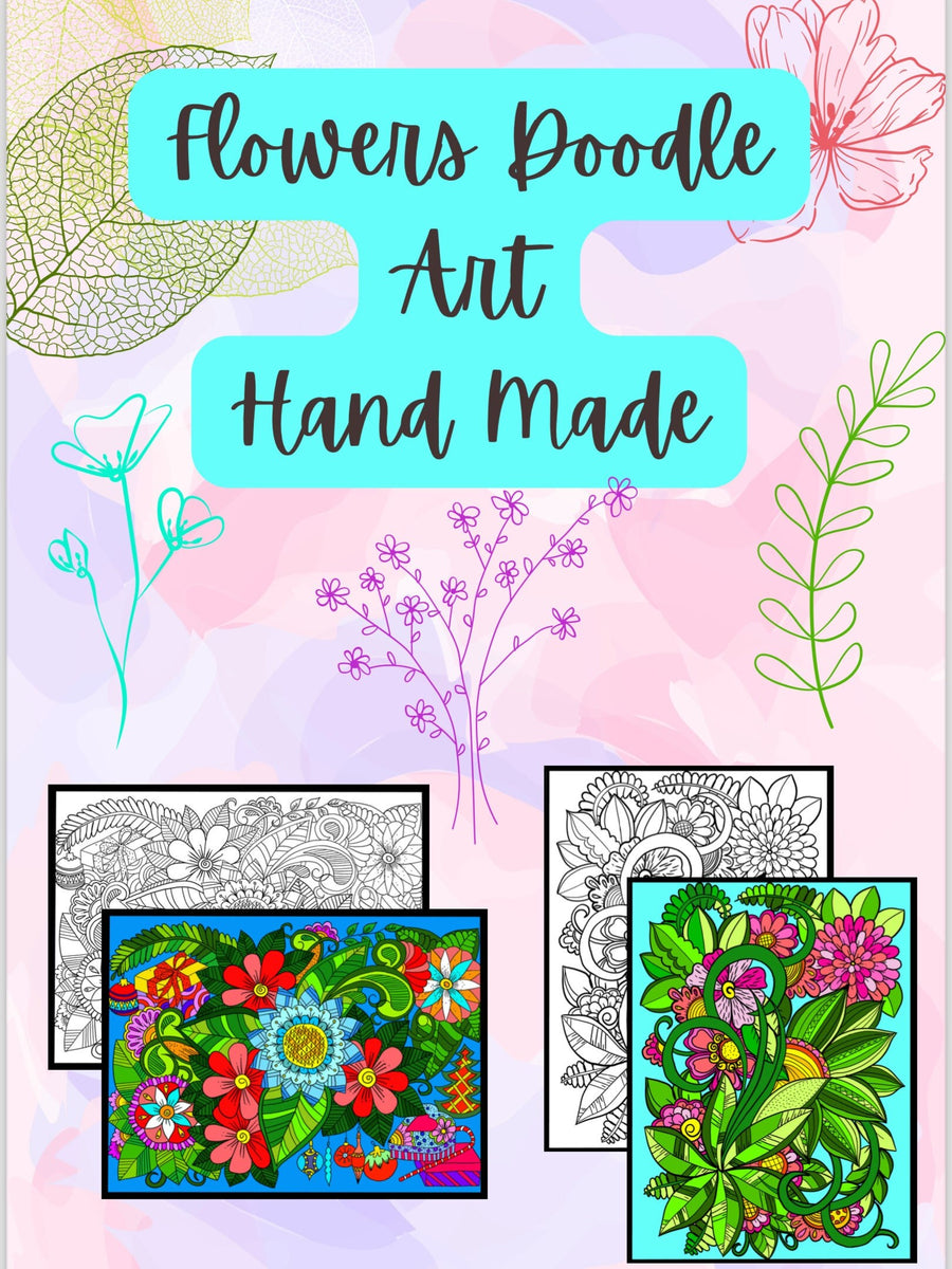 Blumen-Kritzelkunst – handgemachte Illustration, 2 einzigartige Designs, Schwarzweiß, farbig, entspannendes und achtsames Ausmalen | Frühling, Sommer – A4-Ausmalseiten